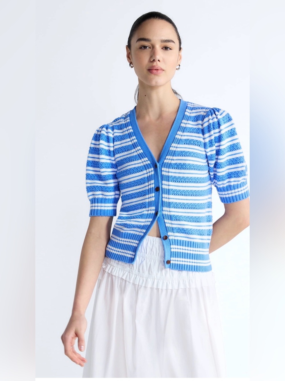 Free Assembly Women’s Cotton Crochet Cardigan Sweater w/ Puff Sleeves